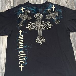 🔥☠️ Y2K MMA ELITE All Over Print Graphic Cross T-Shirt  Men Size 2XL - EXCELLEN